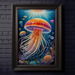 Colorful Chalk Drawing Jellyfish Poster