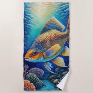 Colorful Chalk Drawing of Fish Beach Towel