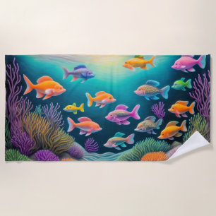 Colorful Chalk Drawing of Fish Reef Scene Beach Towel
