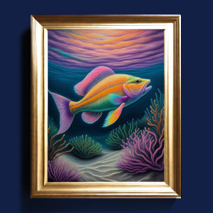 Colorful Chalk Drawing Reef Fish Pink II Poster