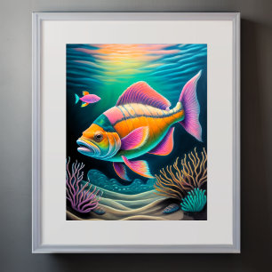 Colorful Chalk Drawing Reef Fish Pink Poster