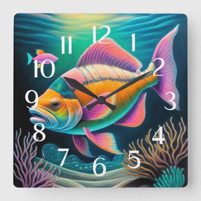Colorful Chalk Drawing Reef Fish Pink Square Wall Clock (Front)