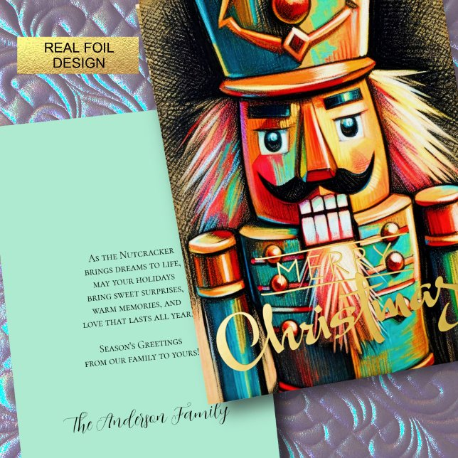 Colorful Chalk Drawn Nutcracker Christmas Foil Holiday Card (Creator Uploaded)