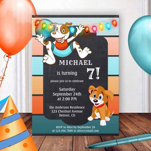 Colorful Chalkboard Cute Dogs Kids Birthday Invitation (Creator Uploaded)