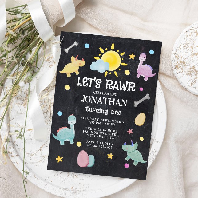 Colorful Chalkboard Dinosaur 1st Birthday Invitation (Creator Uploaded)