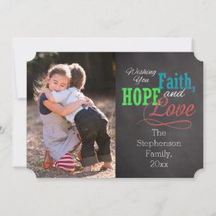 Colorful Chalkboard Faith, Hope and Love Photo Holiday Card