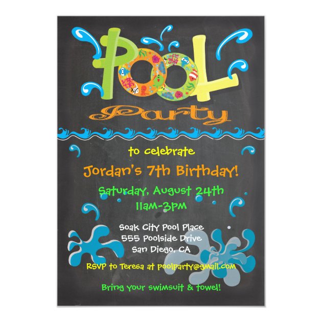 Colorful Chalkboard Pool Party Invitations