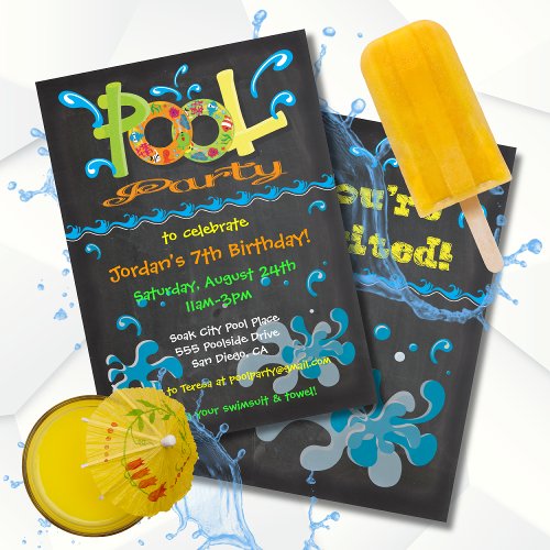Colorful Chalkboard Pool Party Invitations