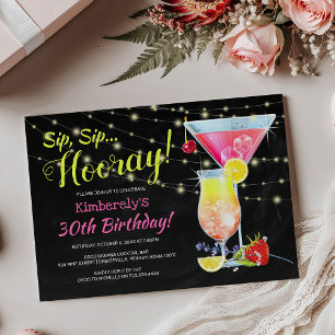 Colorful Chalkboard Sip Sip Hooray BIrthday Party Invitation