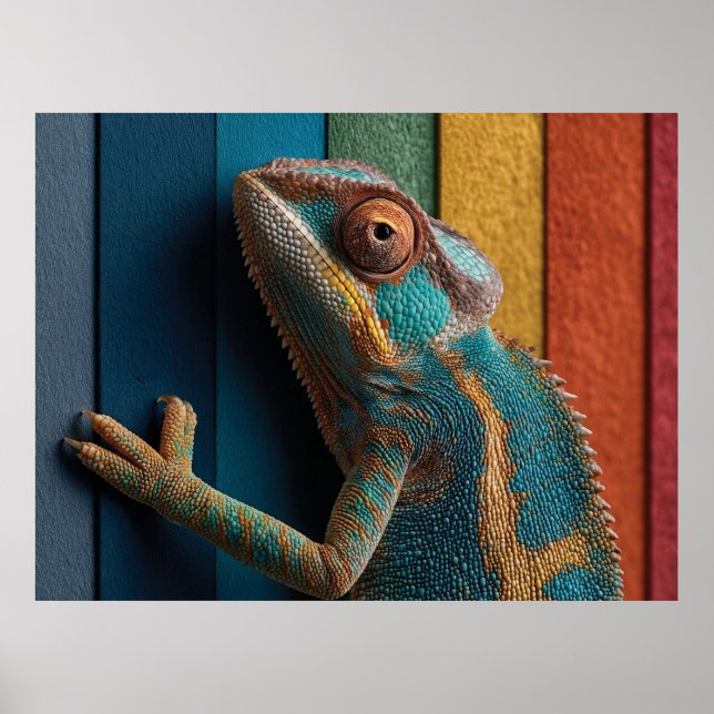 Colorful Chameleon on Rainbow Background Poster (Front)
