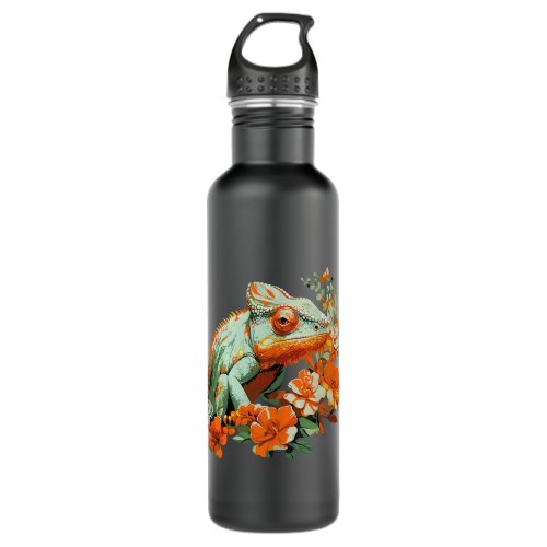 Colorful Chameleon Perched on Floral Branch Stainless Steel Water Bottle