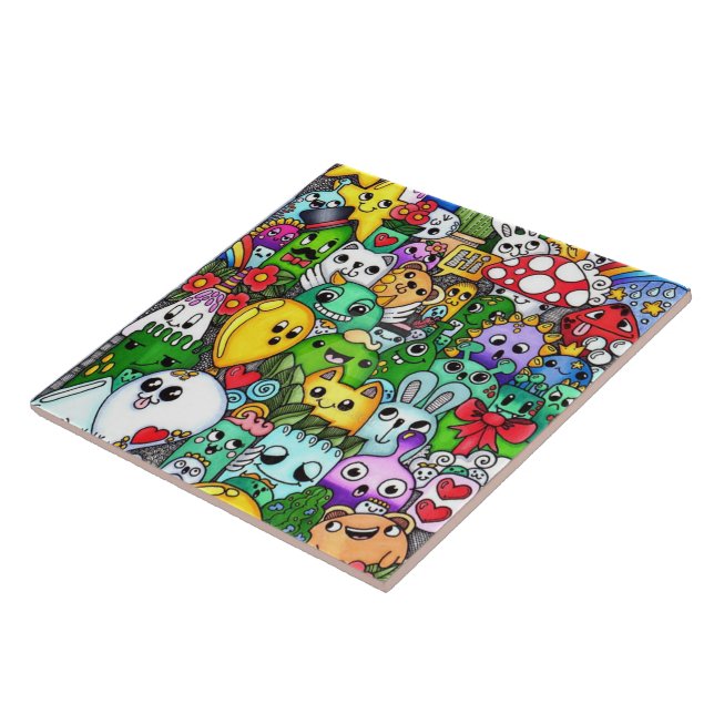 Colorful character doodle drawings ceramic tile (Side)