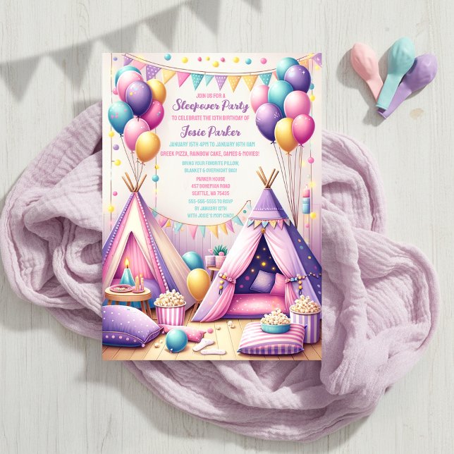 Colorful Charming Teepee Birthday Sleepover Party Invitation (Available in Print and Instant Download)