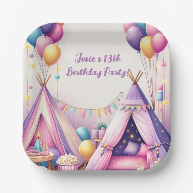 Colorful Charming Teepee Birthday Sleepover Party Paper Plates (Front)