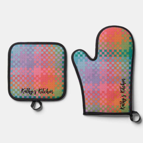Colorful Checked Pattern Vibrant Fun Colors Oven Mitt  Pot Holder Set