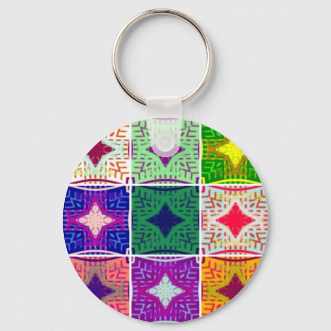 Colorful Checkerboard: A Starry Design Keychain (Front)