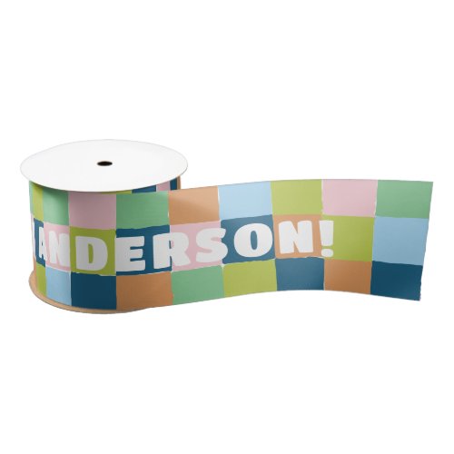 Colorful Checkerboard Blocks with Custom Text Satin Ribbon