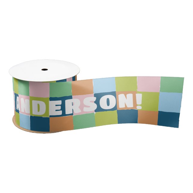 Colorful Checkerboard Blocks with Custom Text Satin Ribbon (Spool)