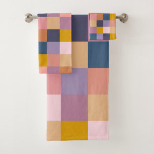 Colorful Checkerboard Geometric Earthy Purple Bath Towel Set