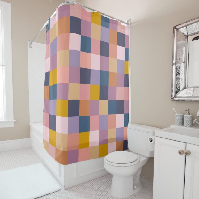 Colorful Checkerboard Geometric Earthy Purple Shower Curtain (In Situ)