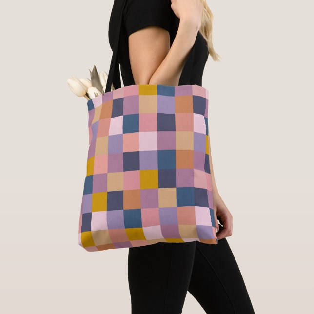 Colorful Checkerboard Geometric Earthy Purple Tote Bag (Close Up)