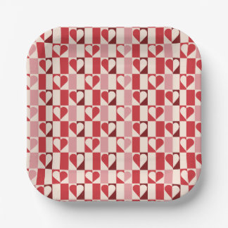 Colorful Checkerboard Heart Valentine Paper Plates