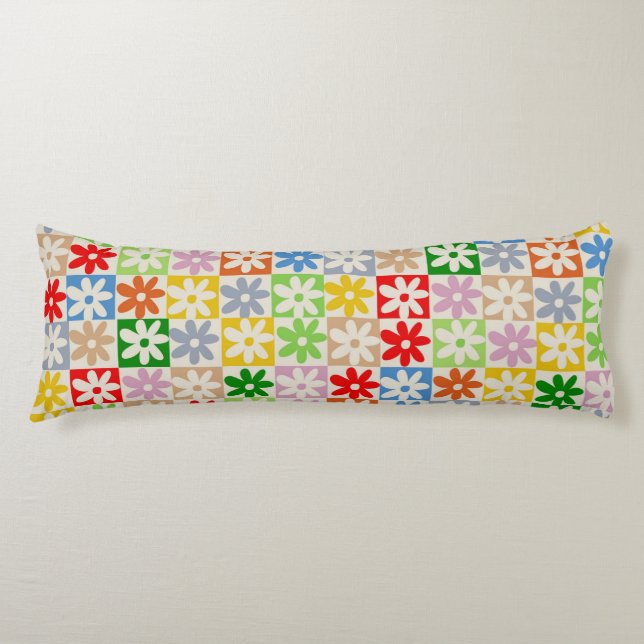 Colorful Checkered Floral Flower Pattern Body Pillow (Front)