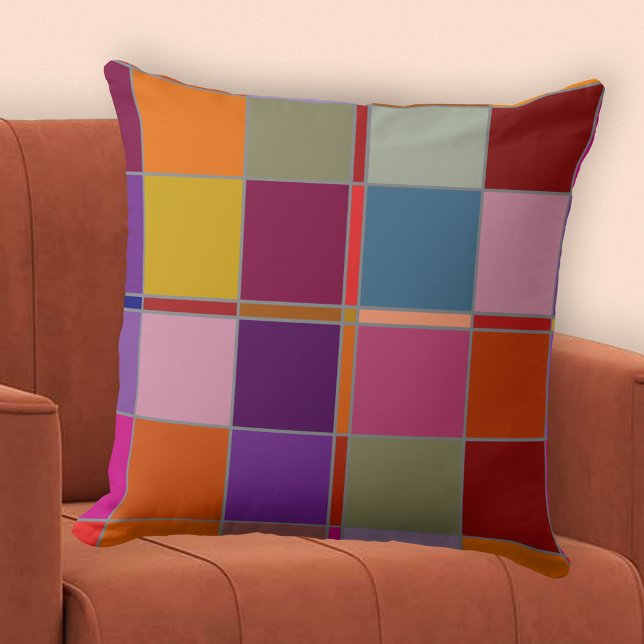 Colorful Checkered Geometric Fall Pattern Pillow (Pillow with an abstract retro geometric pattern in warm fall colors.)