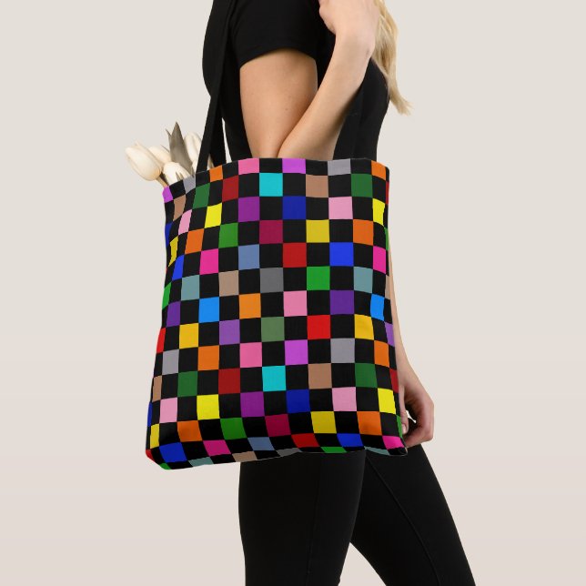 Colorful Checkered Pattern Design Black  Tote Bag (Close Up)