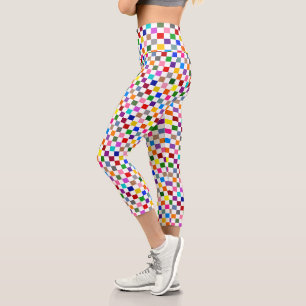 Colorful Checkered Pattern Design White Capri Leggings