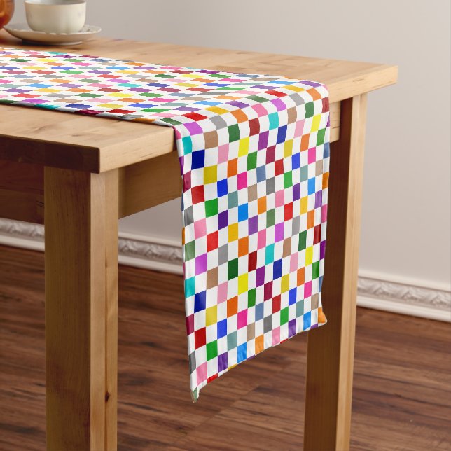 Colorful Checkered Pattern Design White  Short Table Runner (In Situ)