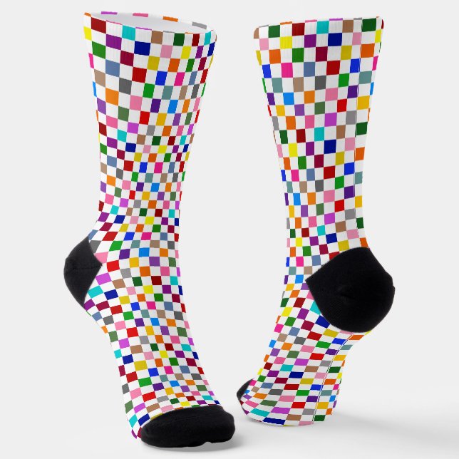 Colorful Checkered Pattern Design White  Socks (Angled)
