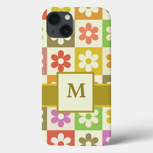 Colorful Checkered Retro Flowers Monogrammed  Case-Mate iPhone Case (Back)
