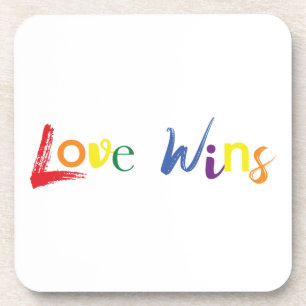 Colorful, cheerful, creative design of Love Wins Beverage Coaster