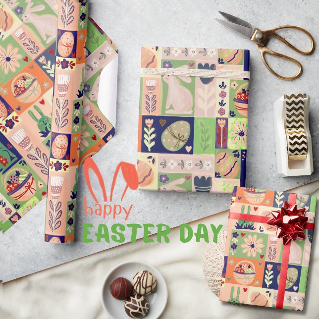 Colorful Cheerful Pink Green Bunny  Wrapping Paper (Colorful Cheerful Pink Green Bunny Wrapping Pape)