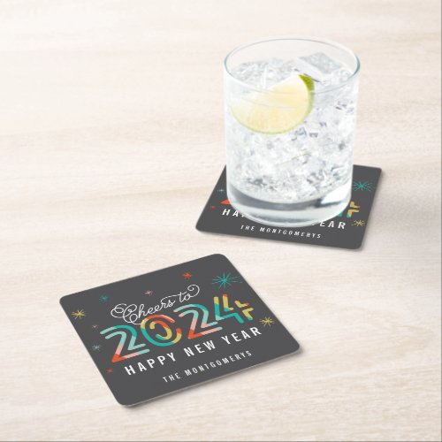 Colorful Cheers to 2024 Starbursts Happy New Year Square Paper Coaster