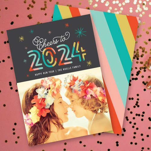 Colorful Cheers to 2024 Stars Happy New Year Photo Holiday Card