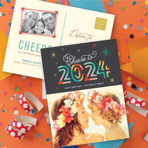 Colorful Cheers to 2024 Stars Happy New Year Photo Holiday Postcard