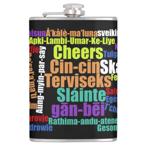 Colorful Cheers Toast in Many Languages Word Cloud Hip Flask