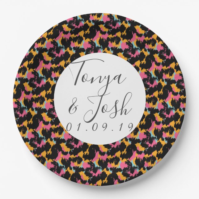 Colorful Cheetah Print Pattern Modern Wedding Paper Plates (Front)