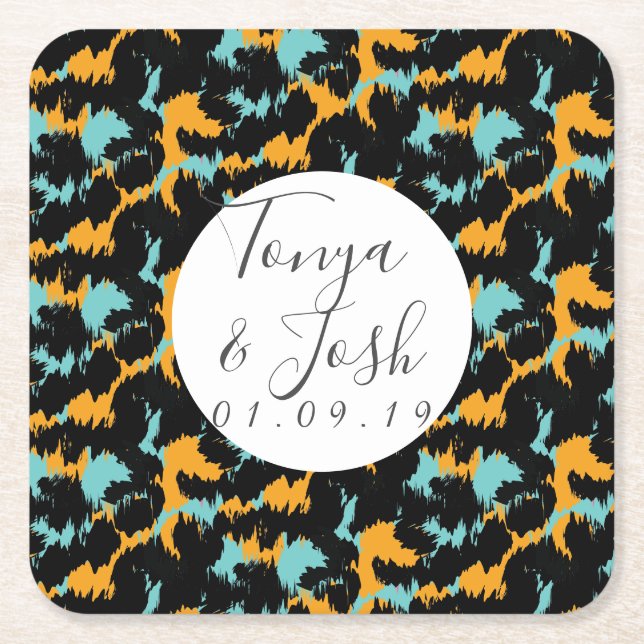 Colorful Cheetah Print Pattern Modern Wedding Square Paper Coaster (Front)