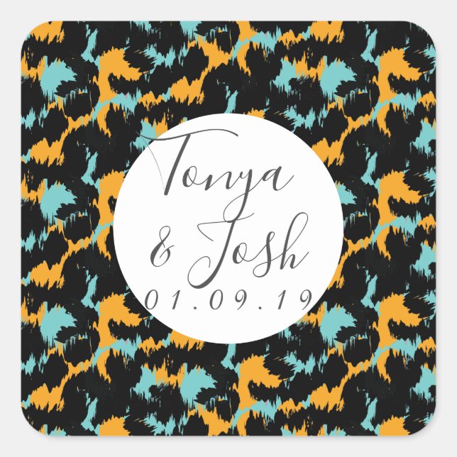 Colorful Cheetah Print Pattern Modern Wedding Square Sticker (Front)