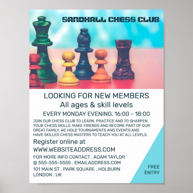 Colorful Chess Pieces, Chess Club Advertising Poster (Front)