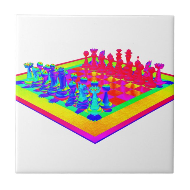 Colorful Chessboard & Chess Pieces Ceramic Tile (Front)