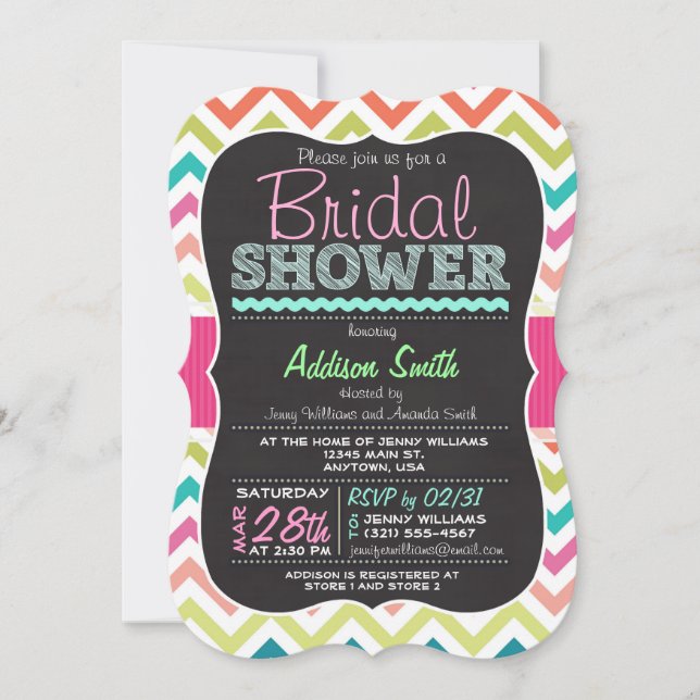 Colorful Chevron Chalkboard look Bridal Shower Invitation (Front)