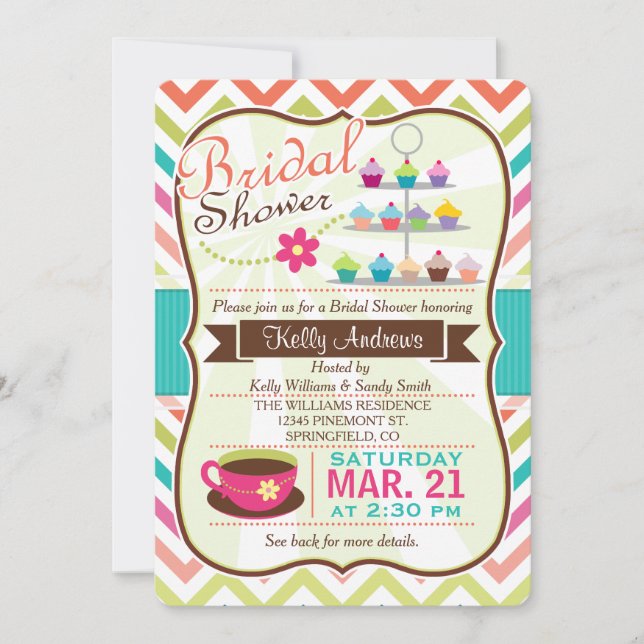 Colorful Chevron Cupcake, Tea Bridal Shower Invitation (Front)