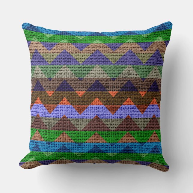 Colorful Chevron Pattern Burlap Jute Throw Pillow (Front)