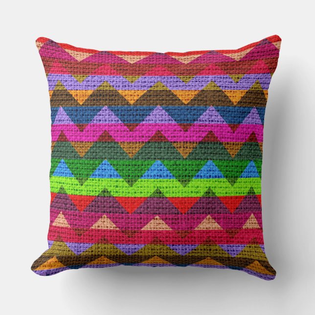 Colorful Chevron Pattern Burlap Jute Throw Pillow (Front)
