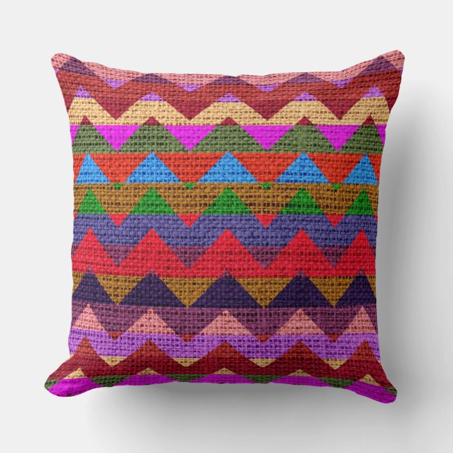 Colorful Chevron Pattern Burlap Rustic Jute #8 Throw Pillow (Front)
