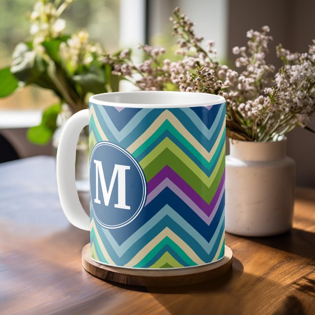 Colorful Chevron Pattern Custom Monogram Coffee Mug (Personalized Coffee Mug)